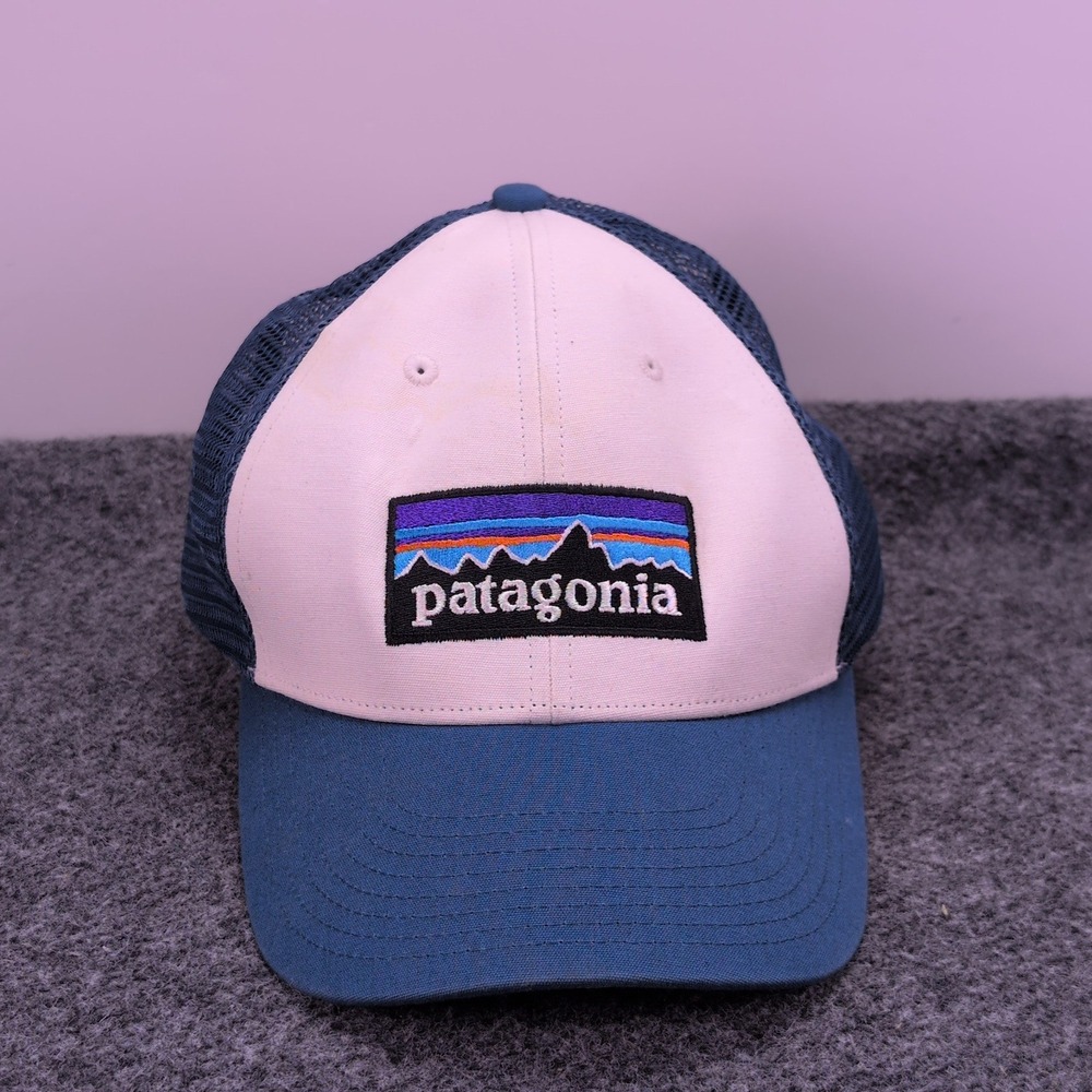 Patagonia Trucker Hat Unisex OSFA Blue White P-6 Logo Mesh Snapback Cap LoPro
